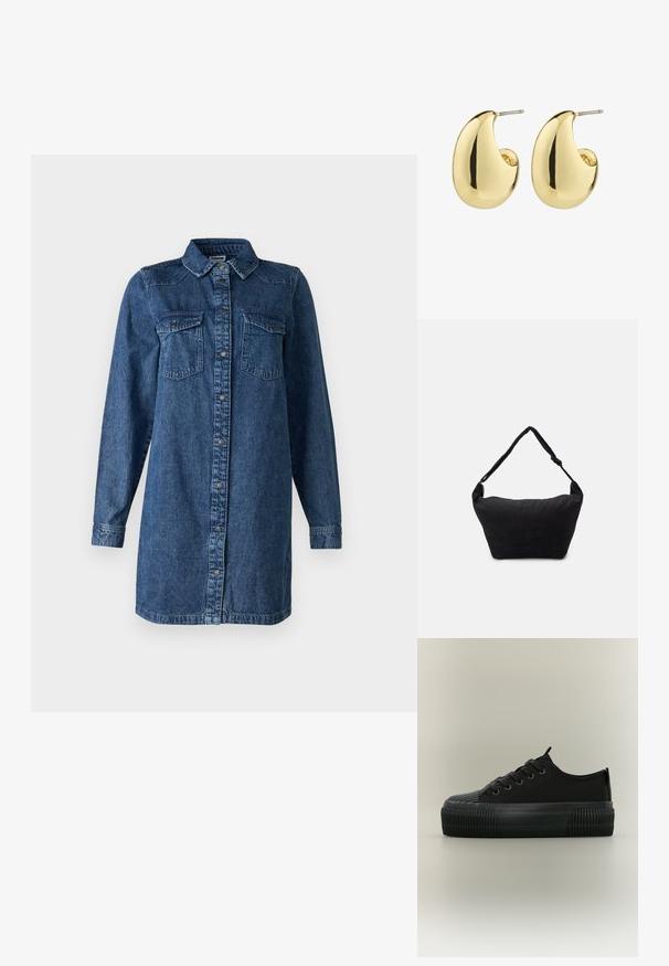 Denim jurk in donkerblauw. Voorzien van lange mouwen, een knoopsluiting aan de voorkant, twee borstzakken en een klassieke kraag. Casual pasvorm.; Zwarte platformsneaker met dikke geribbelde zool, veters aan de voorkant en treklussen op tong en hiel, vanaf de zijkant afgebeeld op een neutrale achtergrond.; Zwarte stoffen schoudertas met een zachte, gestructureerde oppervlakte, ronde vorm en een enkele strap. Minimalistisch ontwerp zonder zichtbare hardware of accenten.; Gouden studs met een gladde, gepolijste afwerking, in een abstracte, druppelvorm. Eenvoudige metalen achterzijde voor bevestiging.