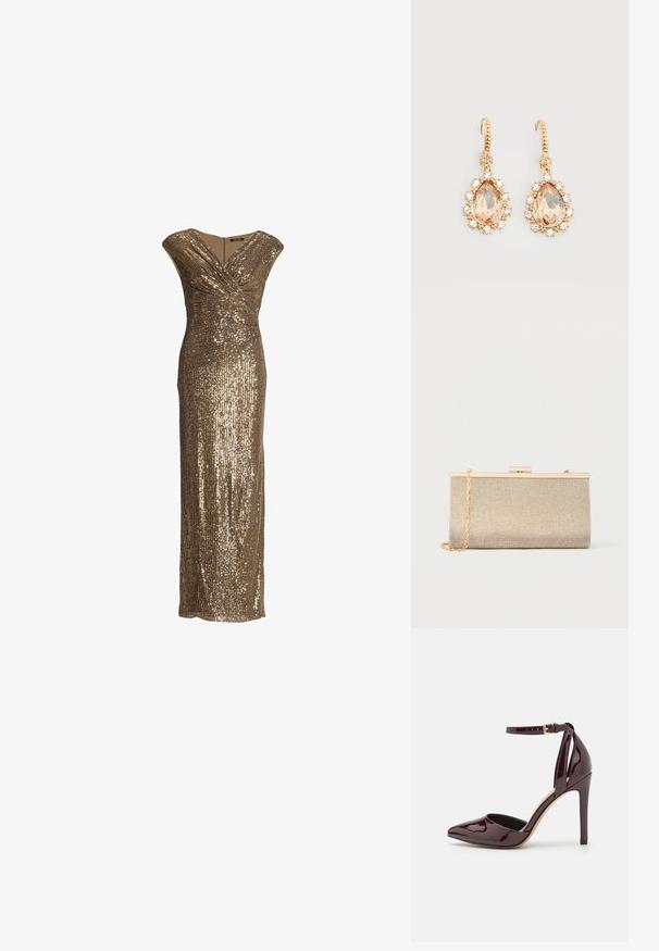 Guld paliet-belagt ærmeløs aftenkjole med V-hals og slå-om-design samt figursyet lang silhuet.; Bordeaux patentlæder højhælede sko med spids tå, ankelrem og en 10 cm stiletto hæl. Glat tekstur og minimal detaljer.; Metalisk guldfarvet clutch-taske med meshstruktur, struktureret rektangulært design, guldlås og aftagelig kæderem for alsidighed.; Guld øreringe med kroge med store pæreformede ferskensten omgivet af små klare krystaller på en ensfarvet hvid baggrund.