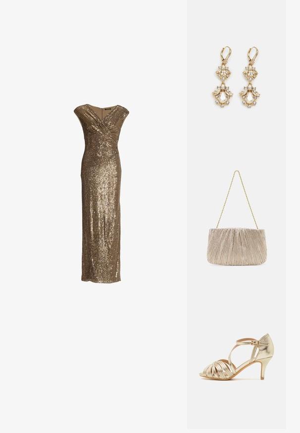 Vestido de noche sin mangas de lentejuelas doradas con diseño cruzado y escote en V, silueta larga y ajustada.; Sandalía de tacón alto metálica en dorado con tiras cruzadas, punta abierta, correa de tobillo ajustable con hebilla y un diseño de tacón delgado.; Bolso de mano de tejido metálico plisado con cadena dorada, forma rectangular suave, color beige claro, superficie texturizada y detalles fruncidos.; Pendientes colgantes en tono dorado con un diseño de racimo que incluye cristales claros en forma redonda y de lágrima, mostrando un detallado intrincado.
