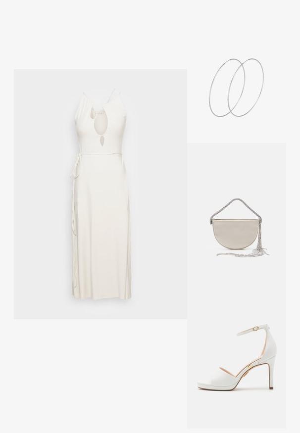 Weekday ARYA DRESS - Maxikleid - beige; Weiße Sandale mit hohem Absatz, Knöchelriemen und offenem Zehenbereich, mit dünner goldener Schnalle und schlankem Stilettoabsatz.; Halbmond-Clutch aus beigem Satin mit einer funkelnden silbernen Kettenriemen und Fransendetail. Glatte Textur mit minimalistischem Design.; Silberne Creolen mit minimalistischem Design. Rundform, glatte Oberfläche und dünnes Profil. Leichtgewichtig mit hochglänzender Oberfläche.