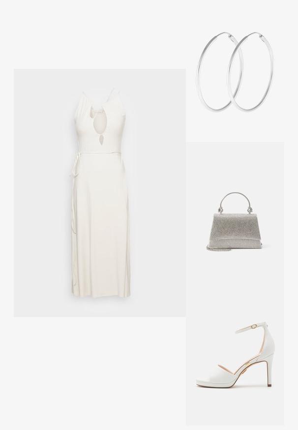 Weekday ARYA DRESS - Maxikleid - beige; Weiße Sandale mit hohem Absatz, Knöchelriemen und offenem Zehenbereich, mit dünner goldener Schnalle und schlankem Stilettoabsatz.; ALDO FELISIA - Handtasche - silver-coloured; Silberfarbene Creolen mit einer glatten, runden Form und einer polierten Oberfläche. Beide Ohrringe haben die gleiche Größe und verfügen über einen sicheren Verschlussmechanismus.