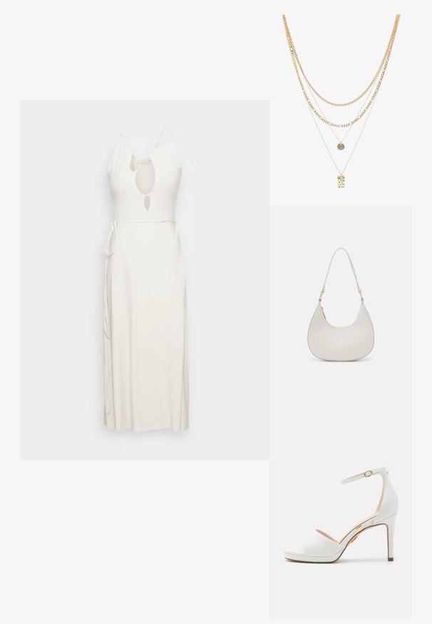 Weekday ARYA DRESS - Maxikleid - beige; Weiße Sandale mit hohem Absatz, Knöchelriemen und offenem Zehenbereich, mit dünner goldener Schnalle und schlankem Stilettoabsatz.; Cremfarbene Leder-Schultertasche mit einer Halbmondform, dünnem Schulterriemen und subtilen Stichdetails. Minimalistisches Design mit goldfarbenen Hardware-Akzenten.; Goldfarbener mehrlagiger Halsketten mit verschiedenen Kettenstilen, darunter massive Glieder und feine Ketten, sowie runden und rechteckigen Anhängern.
