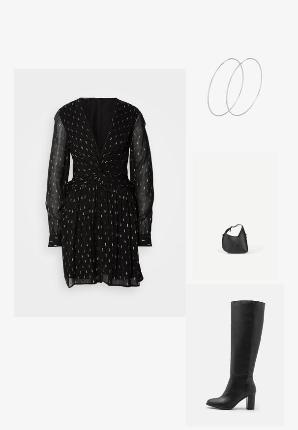 Schwarzes Kleid mit tiefem V-Ausschnitt, langen transparenten Ärmeln und einem gedrehten Vorderdesign. Verziert mit silbernen Punktmustern und einem ausgestellten Rock.; Schwarze kniehohe Stiefel aus glattem Leder, mit einem stabilen Absatz und runder Zehenpartie. Minimalistisches Design ohne sichtbare Hardware oder Dekorationen.; Schwarze Leder-Umhängetasche mit abgerundeter dreieckiger Form und verstellbarem Riemen vor einem schlichten hellen Hintergrund.; Silberne Creolen mit minimalistischem Design. Rundform, glatte Oberfläche und dünnes Profil. Leichtgewichtig mit hochglänzender Oberfläche.