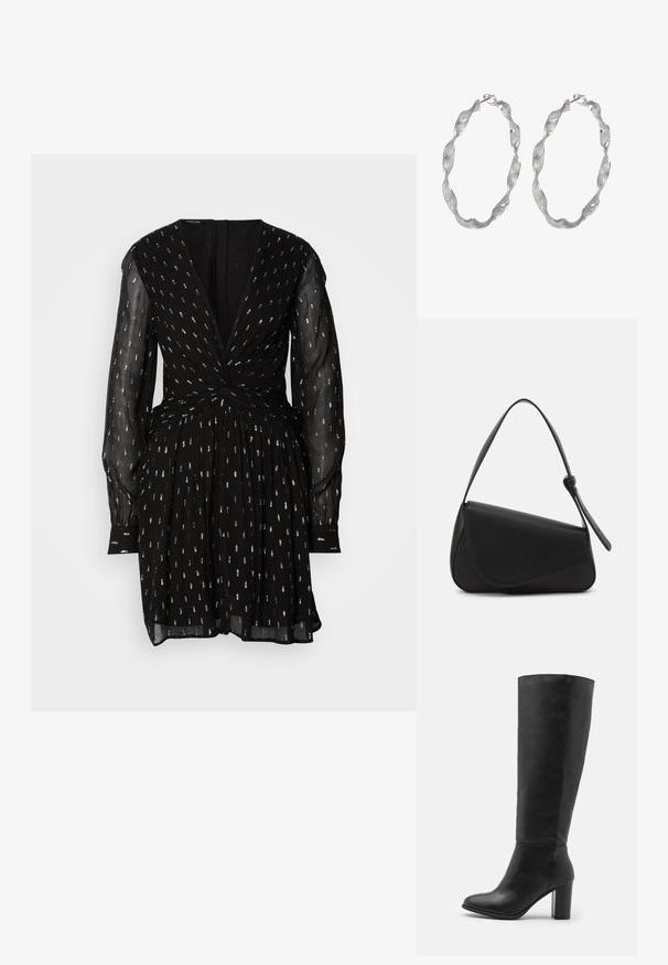 Schwarzes Kleid mit tiefem V-Ausschnitt, langen transparenten Ärmeln und einem gedrehten Vorderdesign. Verziert mit silbernen Punktmustern und einem ausgestellten Rock.; Schwarze kniehohe Stiefel aus glattem Leder, mit einem stabilen Absatz und runder Zehenpartie. Minimalistisches Design ohne sichtbare Hardware oder Dekorationen.; Schwarze Lederhandtasche mit dreieckiger Form, schrägem Klappdeckel und rundem Oberhandgriff. Verfügt über eine glatte Textur und minimalistische Designdetails.; Silberne Creolen mit einem verdrehten Design, das eine strukturierte Oberfläche und einen sicheren Verschluss aufweist. Leicht und reflektierend mit einer eleganten Oberfläche.