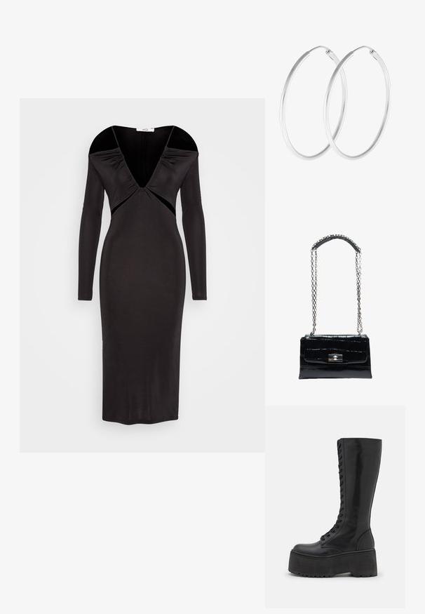 WAL G. MONET CUT OUT MIDI - Jerseykjole - black; Zign by Zalando LEATHER - Snørestøvler - black; Sort håndtaske i krokodilletekstureret læder med sølvfarvet drejelås og lang sølvkæde med læder skulderpude.; Sølvfarvede hoop øreringe med en glat, rund form og en poleret overflade. Begge øreringe er i samme størrelse og har en sikker lukke mekanisme.