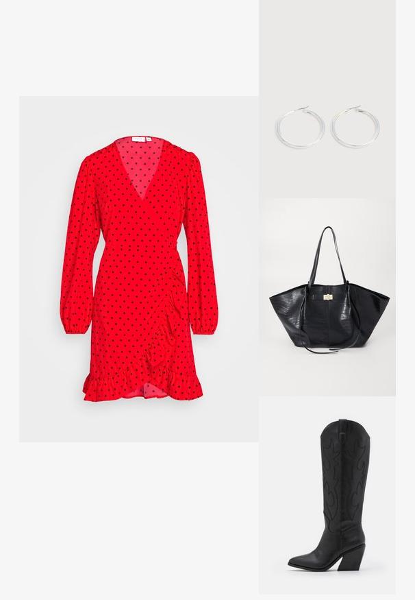 VILA VICHARLOTTE FLOUNCE WRAP DRESS - Päevakleit - flame scarlet; Mustad nahast cowboy-bott, millel on terav nina, kitsenev kiilukujuline konts ja dekoratiivne tikand külgedel.; Must mustkott, millel on krokodillikujundus, sile tekstuur, kaks õlavarre rihma ja kesktasandil kullatooniga detail.; Paari läikiva hõbedase rõngaskujulise kõrvarõngastega, millel on õhukesed traatlukkud, kuvatud heleda halli taustal.