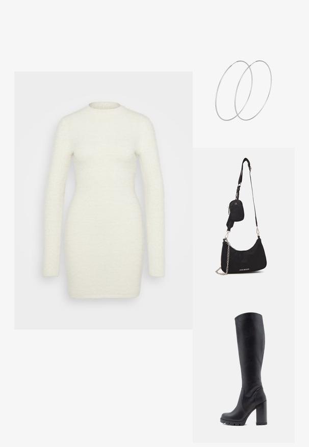 Robe à manches longues en tissu blanc doux et texturé ; silhouette ajustée avec un col rond et une finition lisse, s'étendant jusqu'au milieu des cuisses.; Botte noire montante, en cuir lisse, avec un talon épais, un bout rond, une semelle texturée avec adhérence, au design élégant sans embellissements.; Sac en nylon noir à l'épaule avec une forme incurvée, accent en chaîne argentée, pochette mini amovible et bandoulière ajustable ; présente le logo "Steve Madden".; Boucles d'oreilles en argent au design minimaliste. Forme circulaire, texture lisse et profil fin. Légères avec une finition polie.