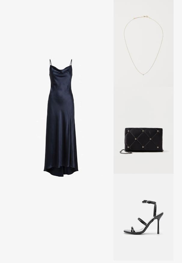 Dunkel marineblaues Satinkleid mit dünnen Spaghettiträgern und einem leicht geschwungenen Ausschnitt, das zu einem langen, asymmetrischen Saum fließt.; Schwarze Lackleder-High-Heel-Sandalen mit drei horizontalen Riemen und einem verstellbaren Knöchelriemen. Schlanke Silhouette und glänzende Oberfläche.; Schwarze, gesteppten Satin-Clutch mit silbernen Pyramidennieten, Kettenriemen, rechteckiger Form und glatter Oberfläche. Maße: 10 cm x 18 cm x 4 cm.; Halskette aus Gold mit einem zarten Design, das einen kleinen Anhänger in der Mitte zeigt. Verfügbar in einer glatten, glänzenden Textur.