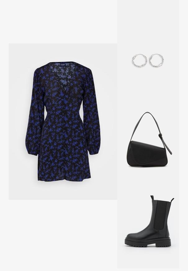 GAP BUTTON FRONT MINI DRESS - Skjortekjole - blue; RAID CHERISH - Plateaustøvler - black; Sort læderhåndtaske med en triangular form, skrå klap og et rundt håndtag. Har en glat overflade og minimalistiske design detaljer.; Sølv hoops med en bølget, uregelmæssig tekstur. Har en tynd, cirkulær form og en reflekterende finish.