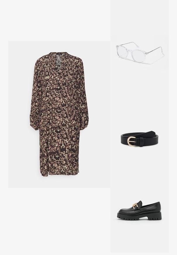 True Religion TUCKED LONGSLEEVE DRESS SQUARES - Skjortekjole - brownish; Sorte læder loafers med en kraftig sål og guldhardware; har rund tå og syede detaljer langs overdelen.; Klare runde stelbriller med gennemsigtige plastlinser og sølvfarvede metalarme. Minimalistisk design med subtile detaljer ved hængslet.; Sort læderbælte med en guld metalspænde, flad tekstur og en enkelt ring; har en glat overflade og minimal design.