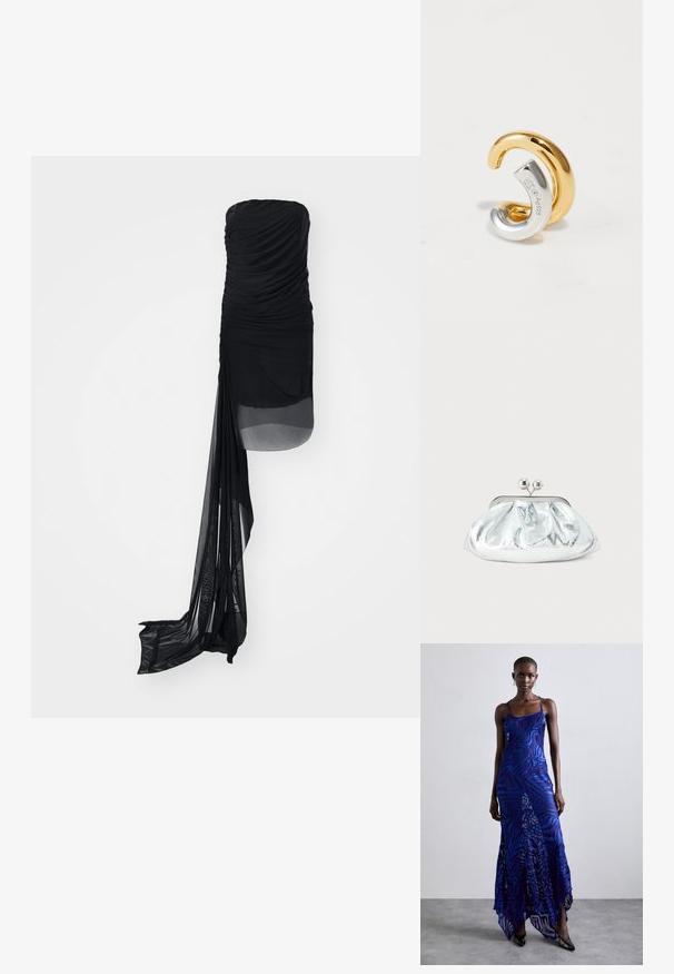 Sort strapless kjole med rynket stof, der har et gennemsigtigt overlay og en forlænget, flydende panel på den ene side. Glat tekstur hele vejen igennem.; Blå og lilla dyreprint maxi kjole med tynde stropper, en tætsiddende bodice, flagrende kant og gennemsigtig overlay-detaljering.; Lille sølvfarvet metallisk clutch-pung med rundet, rynket design og lukning med to sølvkugler.; To forskellige sammenflettede ørepiercinger, en i guld og en i sølv stemplet Ag925, præsenteret på en hvid baggrund.