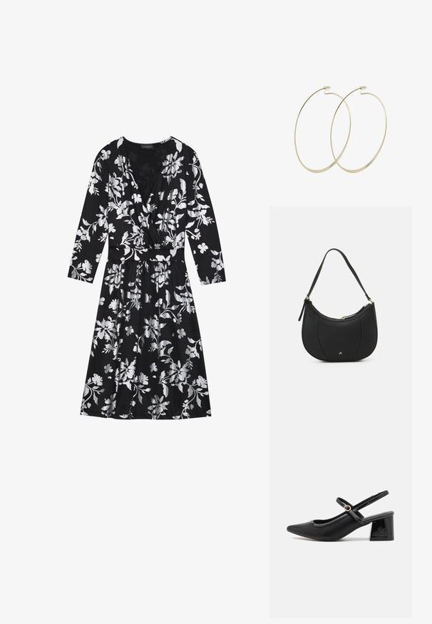 Vestido negro con flores de manga larga, con patrones florales plateados, un escote en V y una cintura ceñida con un cinturón. Tejido suave con una falda fluida.; Tacones slingback de charol negro con punta afilada, un diseño de corte redondeado y tacón bloque. Incluye un detalle de hebilla en tono dorado.; Bolso de mano de cuero negro con forma curva, superficie texturizada, costuras frontales y un logo en tono dorado. Cuenta con una sola correa ajustable.; Pilgrim Pendientes - gold-coloured