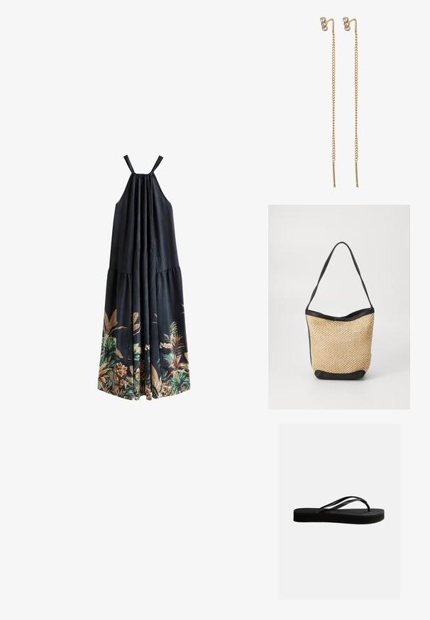 Sort ærmeløs maxikjole med rynket halsudskæring og tropisk blomsterprint langs kanten.; Sort gummiflipflop med tekstureret sål og Y-formet rem, vist i sideprofil mod en ensartet lys baggrund.; Vævet stråtaske med en naturlig tekstur, accentueret af en sort kunstlæderkant og skulderrem; åben-top design.; Pilgrim Øreringe - ox gold crystal tp
