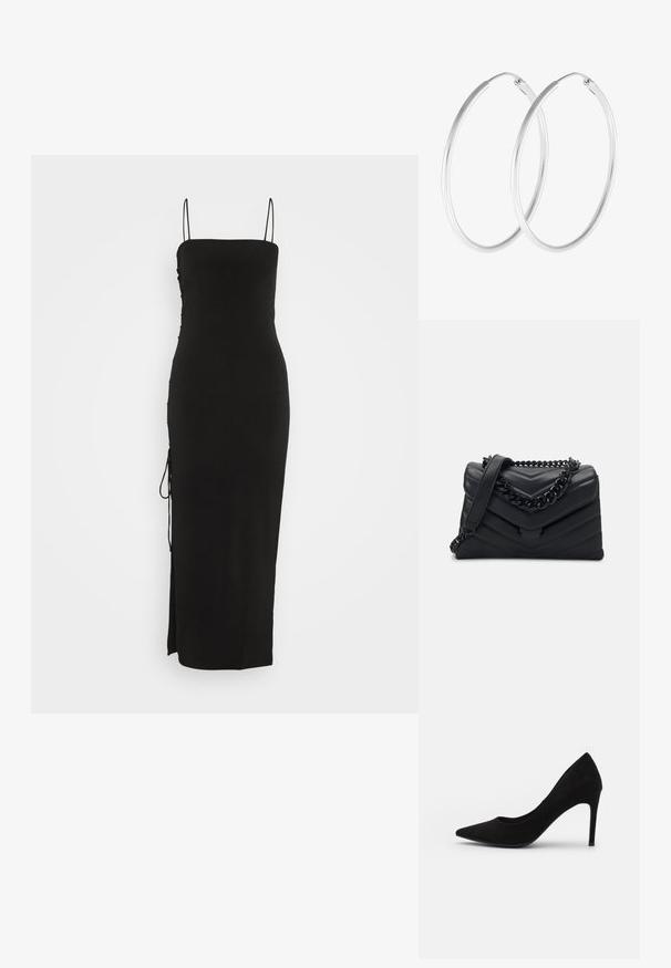 NA-KD SIDE DETAIL DRESS - Vestido ligero - black; Zapato de tacón alto de ante negro con punta afilada, textura suave y tacón de aguja delgado. Diseño clásico con una silueta elegante.; Bolso de mano de cuero negro con un diseño en forma de chevron, una cadena negra como asa y un cierre magnético. Forma compacta con una superficie texturizada.; Pendientes de aro en tono plateado con forma redonda y un acabado pulido. Ambos pendientes son del mismo tamaño y cuentan con un mecanismo de cierre seguro.
