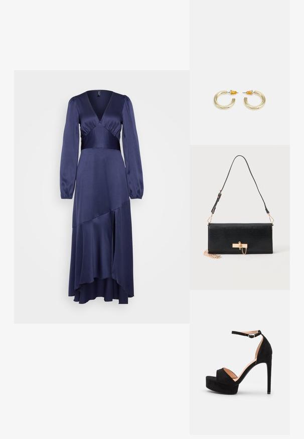 Vestido midi de satén azul marino con mangas largas abullonadas, escote en V profundo y diseño de falda con capas que presenta un dobladillo asimétrico.; Sandalia de tacón alto de ante negro con suela de plataforma, tira en el tobillo con herrajes plateados, diseño de punta abierta y textura suave.; Bolso de mano rectangular negro con patrón texturizado, cierre dorado y detalle de cadena, y una correa de hombro delgada y ajustable.; Pendientes de aro en tono dorado con una forma suave y redondeada y un acabado pulido. Presentan acentos naranjas en la parte trasera para un ajuste seguro.