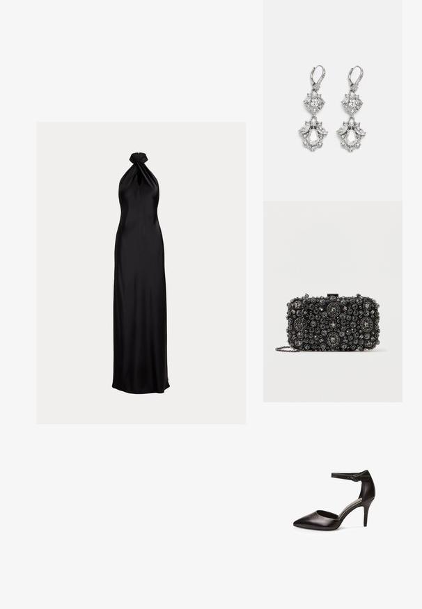 Vestido de noche negro de satén con cuello halter, detalle retorcido en el escote, corsé entallado y falda larga hasta el suelo.; Zapato de tacón alto de cuero negro con punta afilada, tira en el tobillo y tacón delgado. Textura suave y hardware minimalista.; Bolso de mano negro adornado con piedras de strass redondas y ovaladas de diferentes tamaños, con una cadena plateada y un cierre a presión.; Pendientes de tono plateado que presentan múltiples piedras de cristal transparente en formas de lágrima y marquesa, con cierres de palanca y un detallado intrincado.