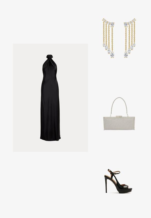 Schwarzes Satin-Abendkleid mit Neckholder und verdrehtem Detail am Ausschnitt, tailliertem Oberteil und bodenlangem Rock.; Schwarze High-Heel-Sandale mit offenem Zeh, Knöchelriemen, glänzendem Leder, Plattformsohle und Stiletto-Absatz. Mit goldenen Hardware-Details.; Silberne rechteckige Clutch mit einem Netzdesign, ausgestattet mit einem Kettenhenkel und einem Metallverschluss. Glatte Textur mit funkelnden Akzenten.; Goldfarbene Ohrringe mit überlappenden Ketten und klaren Kristallakzenten in unterschiedlichen Größen. Das Design umfasst birnen- und rundförmige Kristalle.