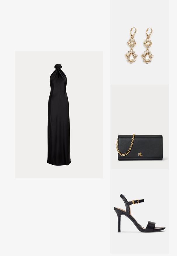 Schwarzes Satin-Abendkleid mit Neckholder und verdrehtem Detail am Ausschnitt, tailliertem Oberteil und bodenlangem Rock.; Schwarze Sandalen mit hohen Absätzen und glattem Leder-Obermaterial, offene Zehenpartie und einem Design mit einem einzigen Riemen, verziert mit einer goldenen Schnalle.; Schwarze Lederbörse mit einer goldenen Kettenriemen, ausgestattet mit einem goldenen Logo auf der Vorderseite. Minimalistisches Design mit einer glatten Textur und schlanker Form.; Ohrringe mit Gold-Finish im Design eines Clusters, das runde und tropfenförmige klare Kristalle zeigt und aufwendige Details präsentiert.