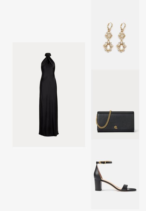 Sort satin halterneck aftenkjole med snoet detalje ved halsudskæringen, tætsiddende overdel og gulvlængde nederdel.; Lauren Ralph Lauren LOGAN BURNISHED LEATHER SANDAL - Sandaler - black; Sort læderpung med en guld kædestrop, der har et guld logo foran. Minimalistisk design med en glat overflade og slank form.; Guldtonede chandelierøreringe med en klynge-design, der har runde og tårnformede klare krystaller, der fremhæver detaljerne.