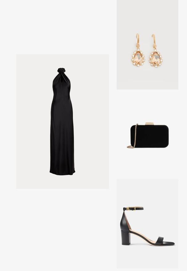 Mustast satiinist õhtukleit paelaga kaela taga, kaeluse keerdusega detail, kehasse istuv ülakeha ja põrandani ulatuv seelik.; Lauren Ralph Lauren LOGAN BURNISHED LEATHER SANDAL - Sandaalid - black; Mustvalgest sametist kott kuldtooni detailidega, ristküliku kujuga ja kettstrapiga, omades siledat tekstuuri ega nähtavaid mustreid.; Kuldsed konks-kõrvarõngad, millel on suured pirnikujulised virsiku toonis kivid, mida ümbritsevad väikesed läbipaistvad teemandid, lihtsal valgel taustal.