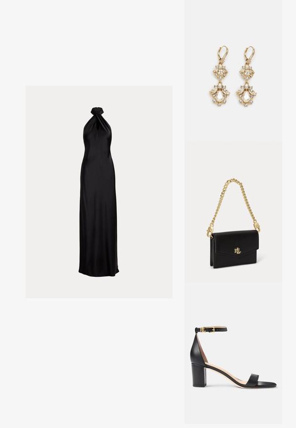 Schwarzes Satin-Abendkleid mit Neckholder und verdrehtem Detail am Ausschnitt, tailliertem Oberteil und bodenlangem Rock.; Lauren Ralph Lauren LOGAN BURNISHED LEATHER SANDAL - Riemensandalette - black; Ohrringe mit Gold-Finish im Design eines Clusters, das runde und tropfenförmige klare Kristalle zeigt und aufwendige Details präsentiert.; Kleine schwarze Lederhandtasche mit Klappverschluss, goldenem RL-Logo auf der Vorderseite und kurzem abnehmbarem goldfarbenem Kettenriemen.