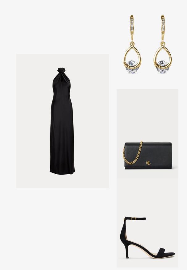 Schwarzes Satin-Abendkleid mit Neckholder und verdrehtem Detail am Ausschnitt, tailliertem Oberteil und bodenlangem Rock.; Schwarze Wildleder-Sandalette mit schmalem Knöchelriemen und goldener Schnalle, offenem Zehenbereich und mittelhohem Absatz auf weißem Hintergrund.; Schwarze Lederbörse mit einer goldenen Kettenriemen, ausgestattet mit einem goldenen Logo auf der Vorderseite. Minimalistisches Design mit einer glatten Textur und schlanker Form.; Goldene Tropfenohrringe mit runden, klaren Edelsteinen an der Basis. Texturierter Oberbereich mit kleinen, runden Akzenten entlang des Creolen.