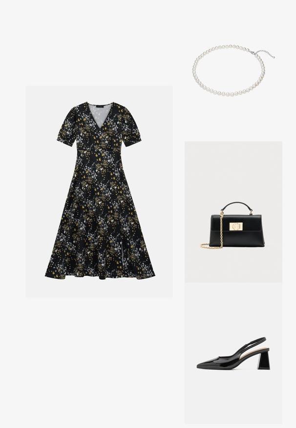 Sort blomsterkjole med hvide og gule mønstre, korte puffærmer, v-hals og en flagrende nederdel med en sideslids.; Sorte patent slingback hæle med spids tå, der har en unik geometrisk blokhæl og en glat tekstur. Justerbar rem for støtte.; Sort læderhåndtaske med struktureret form, udstyret med en øverste hank og en guldtonet kæderem. Dekorative guldhardware med logodetalje.; Hvid perlekæde med jævnt store perler, glat tekstur og en sølvlås med en justerbar kæde til tilpasning af længden.