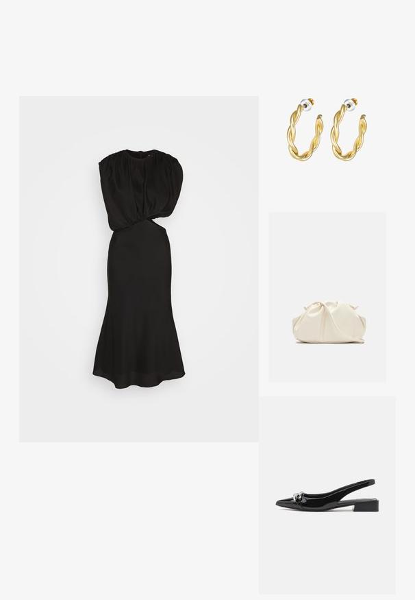 Robe noire avec un design de manches bouffantes structurées, taille cintrée et ourlet évasé. Fabriquée en tissu lisse avec un léger éclat.; Chaussure slingback en cuir verni noir avec un bout pointu, un petit talon carré et un détail en métal argenté à l'avant.; Pochette en cuir souple couleur crème avec un design froncé et une fine bandoulière reposant à l’avant sur un fond uni.; Boucles d'oreilles créoles dorées torsadées avec une surface lisse, présentant un dos transparent et une quincaillerie dorée.