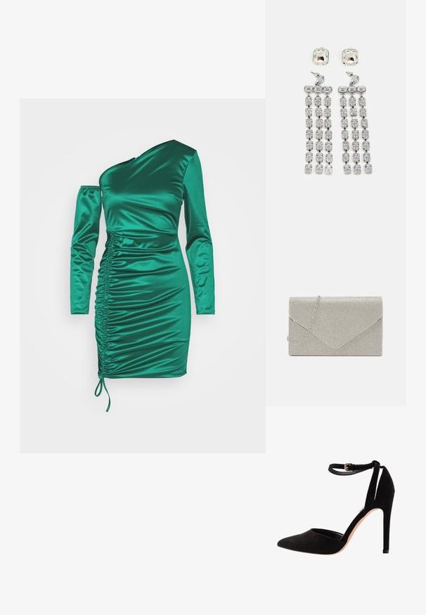 WAL G. PARTY MAGGIE GATHERED MINI - Robe de soirée - leaf green; Escarpins en suède noir avec un bout pointu, une bride à la cheville et un talon aiguille. Le design présente une texture lisse avec un minimalisme dans les détails.; Pochette argent métallique au design d'enveloppe, ornée d'un motif texturé, avec une chaîne amovible.; Boucles d'oreilles en cristal avec des accessoires en ton argent, comportant un clou carré et des rangées en cascade de cristaux rectangulaires et octogonaux.