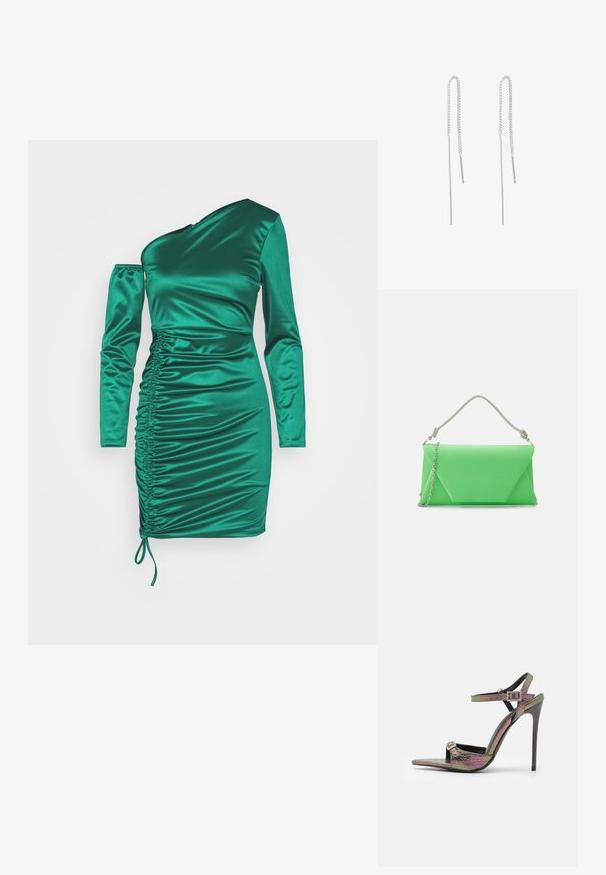 WAL G. PARTY MAGGIE GATHERED MINI - Cocktailjurk - leaf green; Hoge hakken sandaal met een multifunctioneel, textuur snake print in verschillende kleuren. Voorzien van verstelbare enkelbandjes en een puntige neus ontwerp.; Mascara CB61156 - Clutch - apple; Zilveren kettingoorbellen met een verlengd ontwerp, voorzien van een delicate ketting en rechte, dunne hangers aan de uiteinden. Glad textuur.