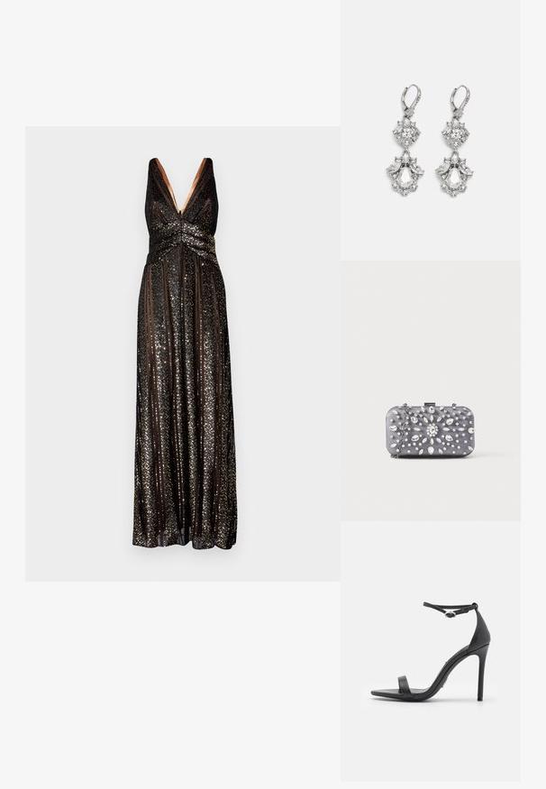 Halston ESRA STRIPED - Galajurk - black; Zwarte hoge hakken sandalen met een open teen, dunne banden en een enkelsluiting. Gladde leren textuur met een puntige neus.; Kleine rechthoekige donkergrijze clutch versierd met heldere strass-steentjes in een uitstralend patroon en een zilveren kettingband.; Zilverkleurige oorbellen met meerdere heldere kristalgesteenten in druppel- en marquisevormen, met sluitingen met een leversysteem en ingewikkelde details.