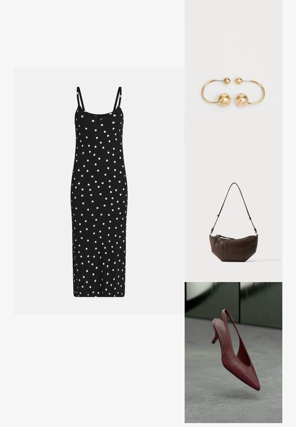 Robe midi noire sans manches avec fines bretelles et motif à pois blancs répartis uniformément sur le tissu.; Escarpin à talon kitten en cuir bourgogne avec bout pointu, flottant au-dessus d'une surface grise texturée devant un mur vert foncé.; Sac à bandoulière en cuir marron avec un fond incurvé et une sangle réglable sur un fond clair uni.; Boucles d'oreilles en métal doré présentant un design circulaire avec deux sphères, l'une plus grande et texturée, et une petite boule polie en haut.