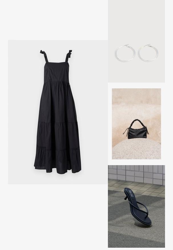 Robe maxi noire avec des bretelles à nouer, décolleté carré et design à volants en étages. Fabriquée en tissu léger avec une texture lisse.; Sandale noire à talons et brides flottant au-dessus d’un pavement gris texturé avec un mur carrelé en arrière-plan.; Sac à main noir froncé avec une poignée froncée, posé sur une sphère en pierre texturée devant un mur en béton beige.; Paire de boucles d'oreilles créoles argentées brillantes avec fermoirs en fil fin, présentée sur un fond gris clair.