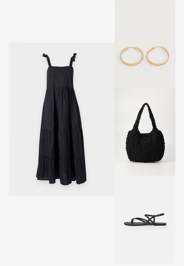 Vestido maxi negro con tirantes atados, escote cuadrado y diseño de volantes en capas. Fabricado con tela ligera y de textura suave.; Sandalia plana negra con tiras finas, lazo para el dedo del pie y correa ajustable con hebilla en el tobillo sobre un fondo gris claro liso.; Bolso de tela negra con un patrón texturizado y tejido. Presenta una forma suave y redondeada y asas cortas y resistentes.; Pendientes de aro de oro con un diseño texturizado y pequeñas cuentas redondas a lo largo del borde exterior. Ligeros y con un cierre seguro.