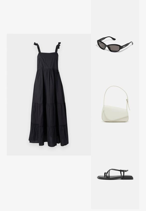 Vestido maxi negro con tirantes atados, escote cuadrado y diseño de volantes en capas. Fabricado con tela ligera y de textura suave.; Sandalias planas negras con tiras ajustables finas, con una pala rectangular y un acabado mate texturizado. Presentan un tacón bajo ligeramente cuadrado.; Gafas de sol negras con montura rectangular, lentes oscuros, material de plástico suave y un acento metálico en la patilla.; Bolso de mano de imitación cuero blanco con una forma triangular estructurada, correa ajustable única y cierre con solapa acentuada en curva.