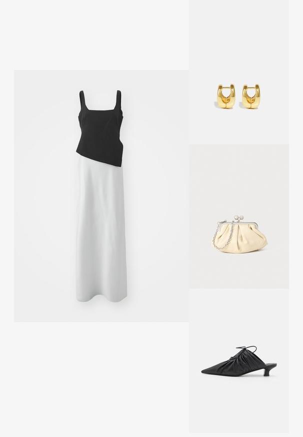 Bodice negro sin mangas con escote cuadrado combinado con una falda larga blanca, materiales contrastantes y diseño asimétrico. Textura suave.; Mules negros de cuero sin hebillas con punta afilada, textura recogida y un pequeño tacón de gato. Presentan un detalle de cordón en la abertura.; Clutch de cuero beige plisado con un marco de metal plateado, que cuenta con dos broches decorativos redondos y una correa de cadena plateada.; Pendientes de aro de oro con un diseño elegante y redondeado. Presentan un centro hueco y una superficie brillante, complementando estilos modernos.