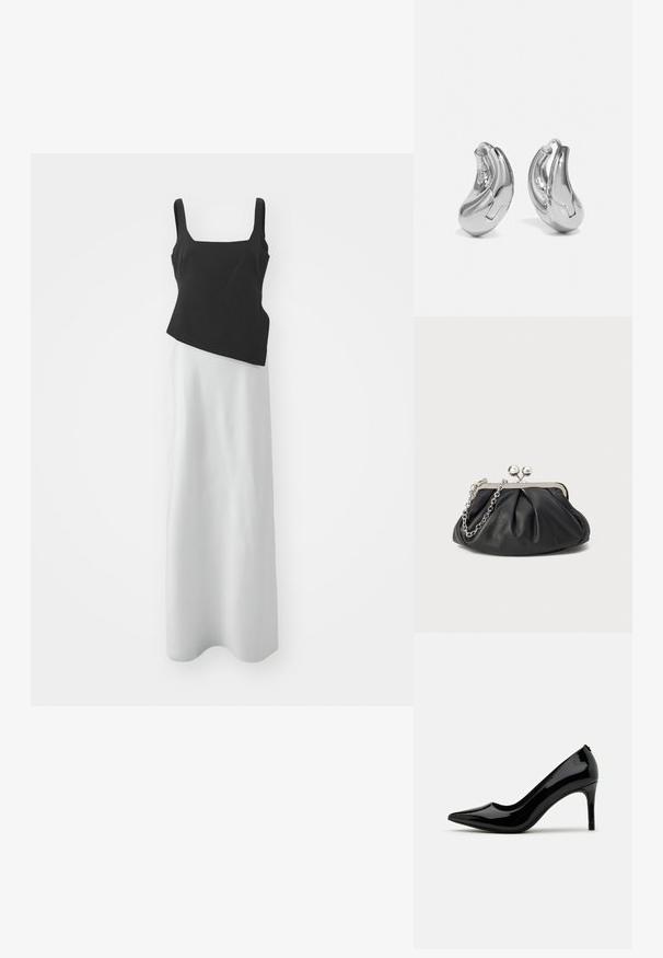 Bodice sans manches noir avec décolleté carré, associé à une longue jupe blanche, mêlant des matériaux contrastés et un design asymétrique. Texture lisse.; Pump à talon haut en cuir verni noir avec un bout pointu et une silhouette épurée, présentant une texture lisse et un design minimaliste.; Porte-monnaie en cuir noir avec texture froncée, cadre en métal argenté, fermeture à verrouillage kiss-lock et bandoulière en chaîne. Surface lisse et douce.; Boucles d'oreilles en argent en forme de créoles avec une finition incurvée et brillante, et un design sans couture. Équipées d'une fermeture à charnière pour un port sécurisé.