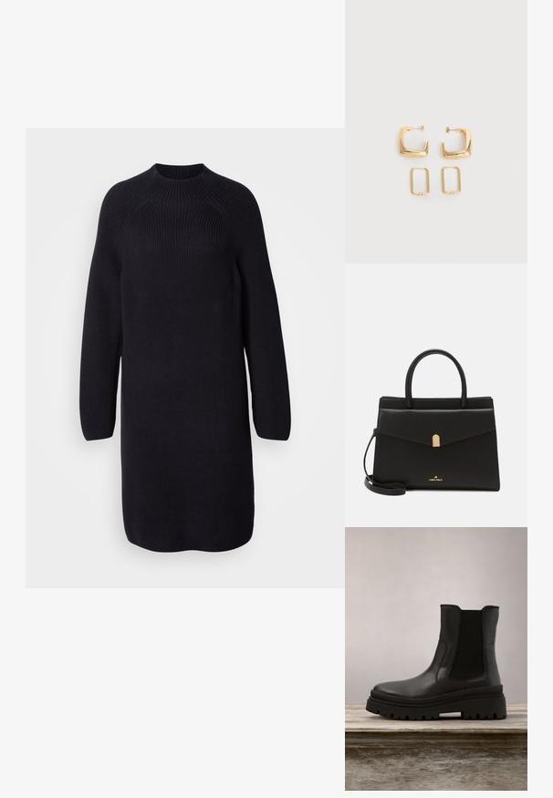 Robe pull noire en tricot avec un col haut, de longues manches raglan et une coupe décontractée, présentant une texture côtelée sur l'ensemble.; Bottine en cuir noir avec une semelle épaisse, des panneaux latéraux élastiqués et une finition lisse. Design surélevé avec des détails de semelle contrastants.; Sac à main en cuir noir avec une forme structurée, doté d'un fermoir doré, de doubles poignées et d'une bandoulière réglable. Logo affiché à l'avant.; Deux paires de Boucles d'oreilles créoles géométriques dorées sur une surface blanche unie, une paire carrée et pleine, une paire rectangulaire et creuse.