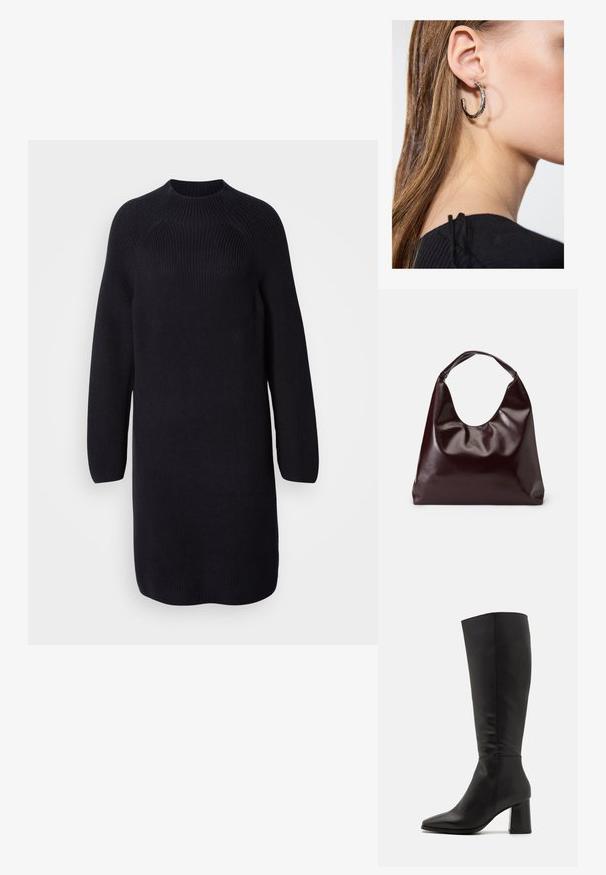 Gebreide zwarte sweaterjurk met een hoge halslijn, lange raglanmouwen en een relaxte pasvorm, voorzien van ribbelstructuur over de hele jurk.; Zwarte laarzen tot de knie, gemaakt van soepel leer. Kenmerken een spitse neus en een robuuste, gestructureerde blokhak. Minimale stikdetails.; Bordeaux, glanzende vegan leren totebag met een zachte, sculpturale vorm en een brede, gebogen handgreep voor makkelijk dragen.; Zilveren oorbel met een gepolijste afwerking, met kleine gouden accentdetails en een ronde vorm, gedragen op de oorlel.