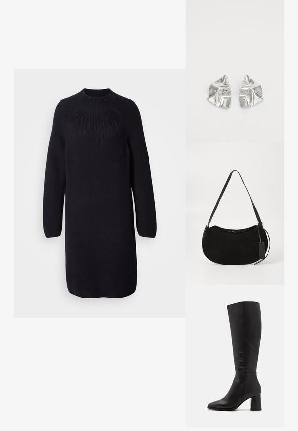 Gesticktes schwarzes Strickkleid mit hohem Ausschnitt, langen Raglansleeves und lockerer Passform, die überall gerippte Textur aufweist.; Schwarze kniehohe Stiefel aus glattem Leder. Sie verfügen über eine spitze Zehenform und einen klobigen, strukturierten Blockabsatz. Minimale Nähtedetails.; Schwarze Wildleder-Umhängetasche mit geschwungener Form, verstellbarem Schulterriemen und einem Lederanhänger, der an einer Seite hängt.; Silberne Metallohrringe mit einem wellenförmigen, skulpturalen Design, das eine polierte Oberfläche und unregelmäßige Formen aufweist, die eine zeitgenössische Ästhetik betonen.