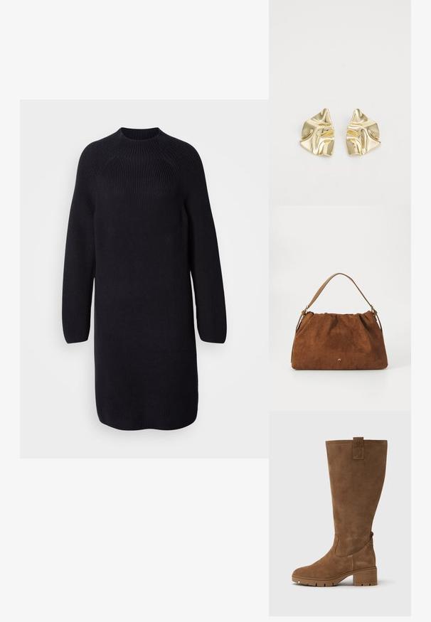 Strikket sort sweaterkjole med høj halsudskæring, lange raglanærmer og en afslappet pasform, der har ribbet tekstur overalt.; Tamaris Høje støvler/ Støvler - brown; Brun ruskind handbag med en samlet design, der har en enkelt tan læderstrop og en subtil guld logo detalje på fronten.; Guldmetalløreringe med et bølget design; glat, reflekterende overflade; asymmetrisk form; ingen synlige mønstre eller hardware.