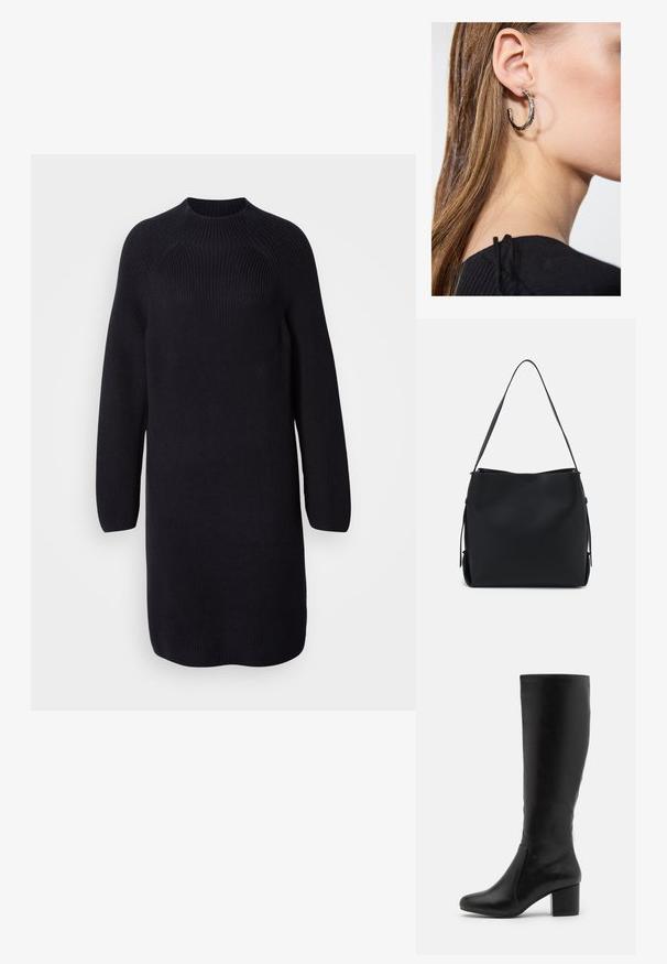 Gebreide zwarte sweaterjurk met een hoge halslijn, lange raglanmouwen en een relaxte pasvorm, voorzien van ribbelstructuur over de hele jurk.; Knielange zwarte leren laarzen met een gladde textuur, ronde neus, zijpaneel en een chunky blokhak.; Pieces PCBONY - Handtas - black; Zilveren oorbel met een gepolijste afwerking, met kleine gouden accentdetails en een ronde vorm, gedragen op de oorlel.