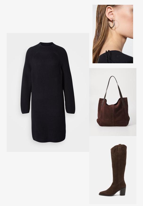 Pletené čierne šaty-sveter s vysokým výstrihom, dlhými raglánovými rukávmi a voľným strihom, s rebrovanou textúrou po celom obvode.; Anna Field by Zalando LEATHER - Topánky na vysokom opätku - brown; Hnedá semišová taška cez rameno s dvoma tmavými koženými popruhmi. Mäkká textúra, zaoblený vrch a priestranný vnútorný priestor. Žiadne viditeľné kovanie ani ozdoby.; Strieborná kruhová náušnica s lesklým povrchom, obsahujúca malé zlaté akcenty a okrúhly tvar, nosená na lalôčiku ucha.