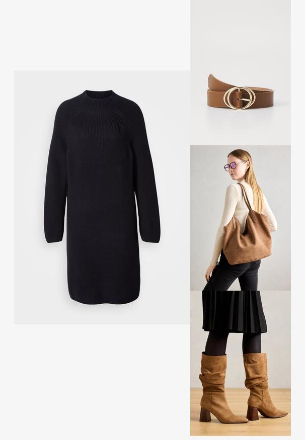 Robe pull noire en tricot avec un col haut, de longues manches raglan et une coupe décontractée, présentant une texture côtelée sur l'ensemble.; Bottines en suédine marron, coupées à la cheville et à bouts pointus, avec des talons en bois empilés. Portées avec des collants noirs et une jupe noire plissée.; Sac fourre-tout en daim marron avec une texture douce, grande ouverture et longues sangles. Présente un design simple avec des coutures visibles et sans matériel.; Ceinture en cuir marron avec une boucle à double cercle doré, dotée d'une texture lisse et d'une longueur réglable. Design simple avec des coutures soignées.