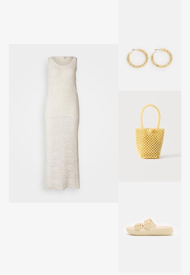 Robe longue sans manches en crochet blanc cassé, décorée de motifs géométriques, avec un tissu texturé et une coupe longue.; Sandale décontractée beige à enfiler avec un dessus texturé, des sangles à boucle ajustables et une semelle épaisse et rembourrée. Design léger adapté pour un usage quotidien.; Petit sac à main style bocal fait de perles crème brillantes avec une anse en perles bouclée et une fermeture décorative avec un nœud de perles.; Boucles d'oreilles en or en forme de créole avec une surface texturée et de petits accents arrondis. Design circulaire et fermeture par tige.
