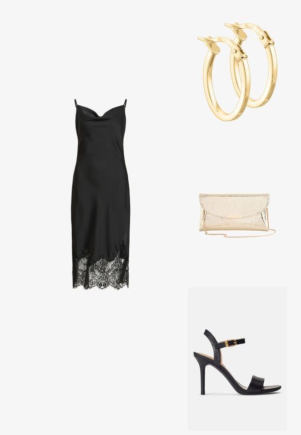 Robe nuisette en satin noir avec fines bretelles et bordure en dentelle à l’ourlet, présentant un décolleté drapé et une longueur midi.; Sandales à talons hauts noires avec un dessus en cuir lisse, bout ouvert et un design à une seule sangle agrémenté d'une boucle en or.; Pochette métallique dorée brillante en forme d'enveloppe avec une chaîne et un fermoir rectangulaire doré sur le rabat avant.; Boucles d'oreilles en forme de créole en ton or avec une finition polie, de forme arrondie et une fermeture à charnière, présentant une texture lisse et un design minimaliste.