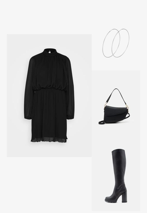 Selected SLFSIMONE SHORT DRESS - Robe de soirée - black; Botte noire montante, en cuir lisse, avec un talon épais, un bout rond, une semelle texturée avec adhérence, au design élégant sans embellissements.; Sac à main en cuir noir avec une finition texturée, doté d'une seule bandoulière et d'accents en métal doré. Le design est élégant et minimaliste.; Boucles d'oreilles en argent au design minimaliste. Forme circulaire, texture lisse et profil fin. Légères avec une finition polie.