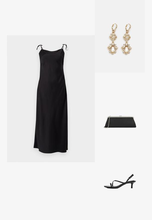 Robe noire midi avec fines bretelles ajustables, tissu lisse, coupe droit et fente sur le côté pour plus de liberté de mouvement. Aucun motif discernable.; Sandale femme en cuir noir avec fines brides croisées, boucle arrière, bout carré et petit talon kitten sur fond blanc.; Longue pochette noire avec cadre métallique argenté et bandoulière chaîne posée sur un fond blanc.; Boucles d'oreilles pendantes dorées présentant un design en grappe avec des cristaux clairs ronds et en forme de goutte, mettant en valeur des détails élaborés.