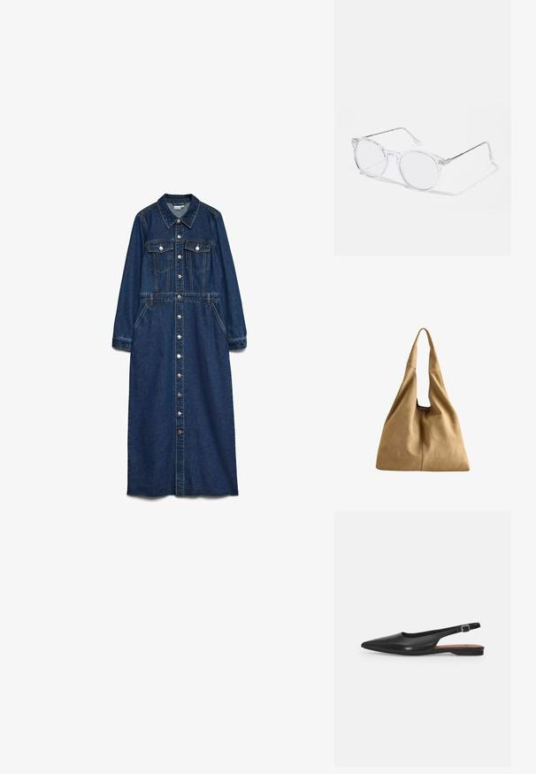 Denimkleit pikaete jaotistega, terava kraega, eesnuppudega, kahe rinnakotiga ja vöödiga. Tume sinine värv ja kergelt tekstureeritud kangas.; Must musta slingback kingad terava ninaga, õrna läikega ja reguleeritava ankle strapiga. Lame konts ja pruun sisetald.; Selged ümmargused raamiga prillid, millel on läbipaistvad plastikklaasid ja hõbedased metallkäed. Minimalistlik disain koos peene detailiga hingedel.; Pehmeast helepruunist seemisnahast õlakott, millel lai rihm ja pehme, vormitu disain, taustal valge.