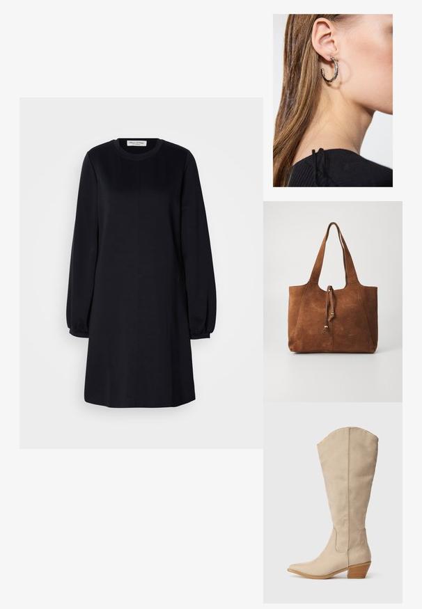 Sort langærmet kjole med rund halsudskæring, løs pasform og samlede manchetter. Glat stof med et enkelt, minimalistisk design.; Beige ruskind støvle der går op til knæet, med spids tå, stablet hæl og synlige sømdetaljer. Glat tekstur med simpelt design.; Brun ruskinds tote bag med to lange håndtag, snøre lukning og glat tekstur. Har et enkelt design og minimale accenter.; Sølv hoop ørestik med en poleret overflade, prydet med små guld accenter og en rund form, båret på øreflippen.